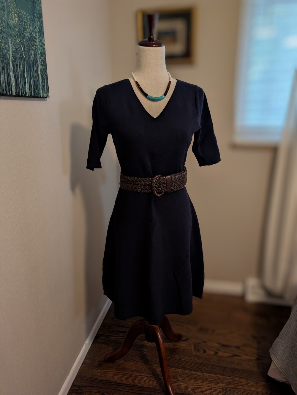 Ann Taylor Navy Blue  V-Neck Midi Knit  Dress